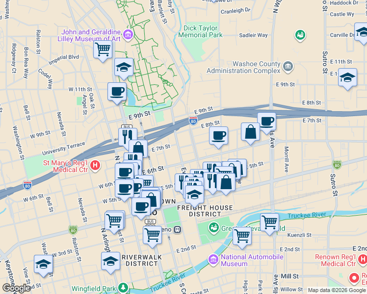 map of restaurants, bars, coffee shops, grocery stores, and more near 310 East 7th Street in Reno