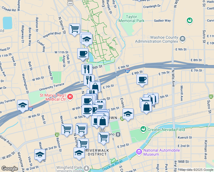 map of restaurants, bars, coffee shops, grocery stores, and more near 652 Lake Street in Reno