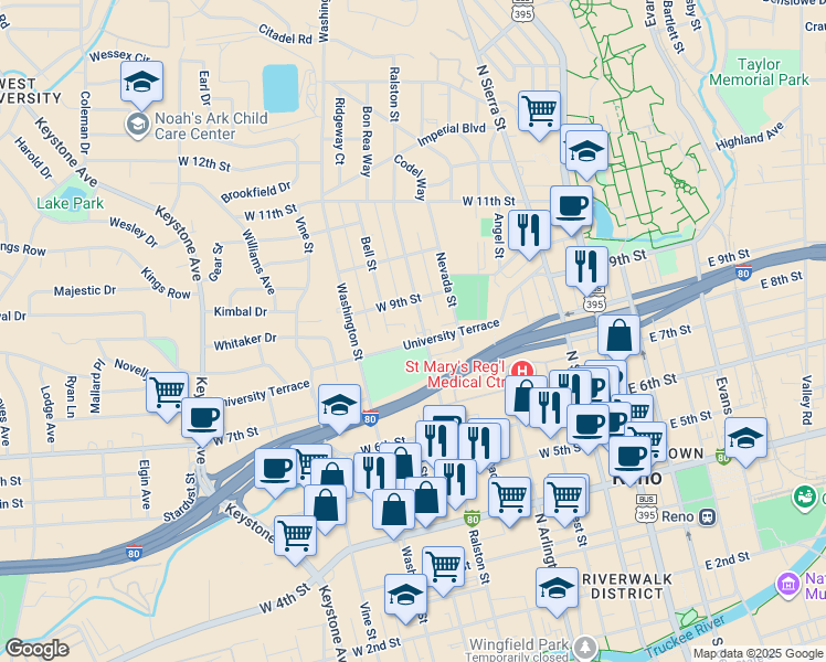 map of restaurants, bars, coffee shops, grocery stores, and more near 803 Ralston Street in Reno