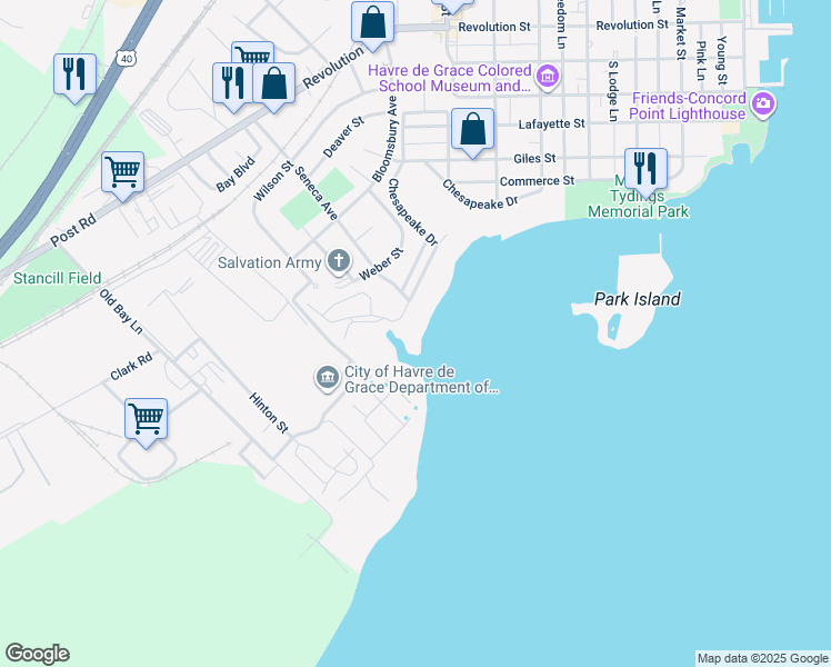 map of restaurants, bars, coffee shops, grocery stores, and more near 1030 Chesapeake Drive in Havre de Grace