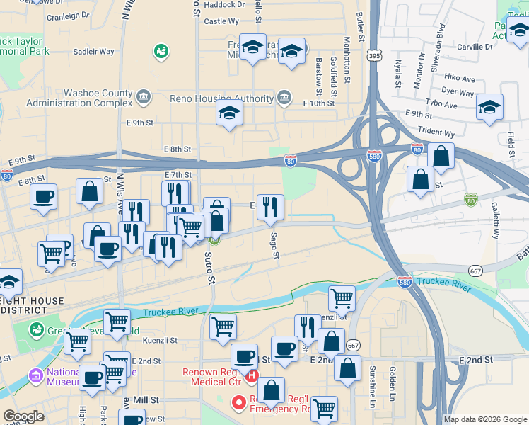 map of restaurants, bars, coffee shops, grocery stores, and more near 1435 East 4th Street in Reno