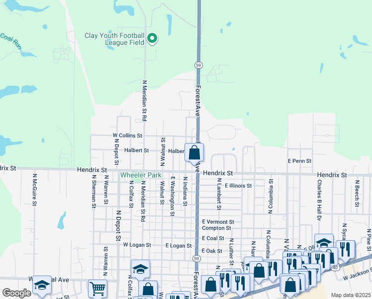 map of restaurants, bars, coffee shops, grocery stores, and more near 1100 North Indiana Street in Brazil