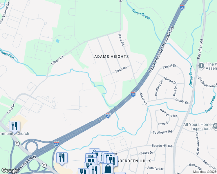 map of restaurants, bars, coffee shops, grocery stores, and more near 3501 Garrett Court in Aberdeen