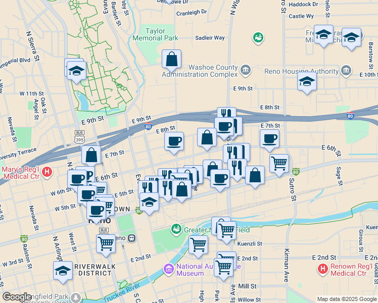 map of restaurants, bars, coffee shops, grocery stores, and more near 530 East 6th Street in Reno