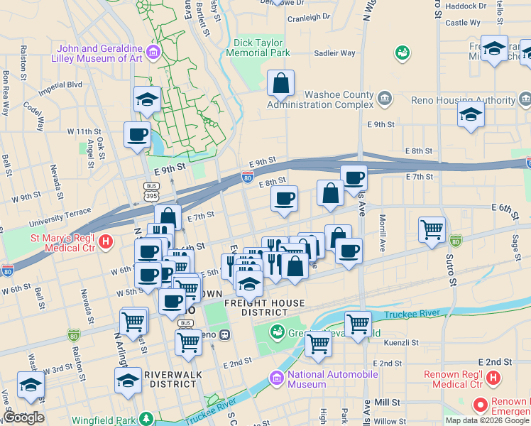 map of restaurants, bars, coffee shops, grocery stores, and more near 650 Record Street in Reno