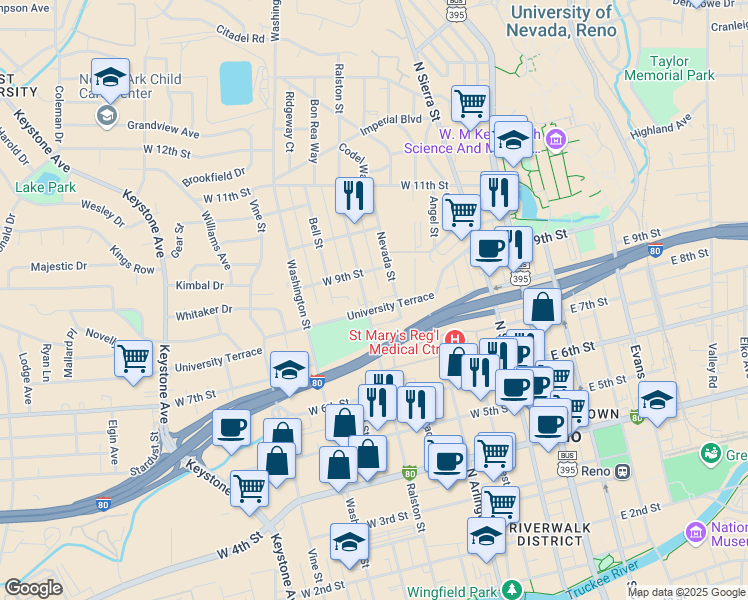 map of restaurants, bars, coffee shops, grocery stores, and more near 400 University Terrace in Reno