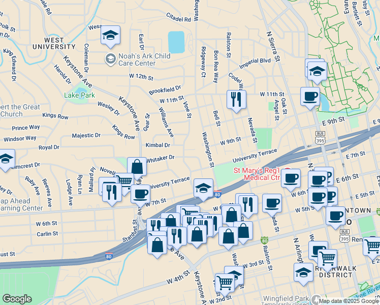 map of restaurants, bars, coffee shops, grocery stores, and more near 835 Whitaker Drive in Reno