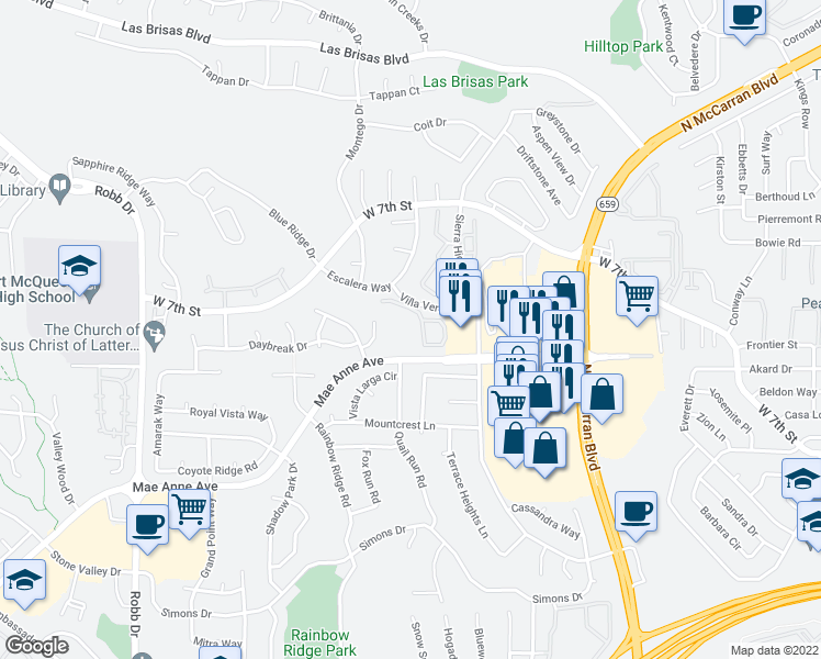map of restaurants, bars, coffee shops, grocery stores, and more near 5250 Villa Verde Drive in Reno