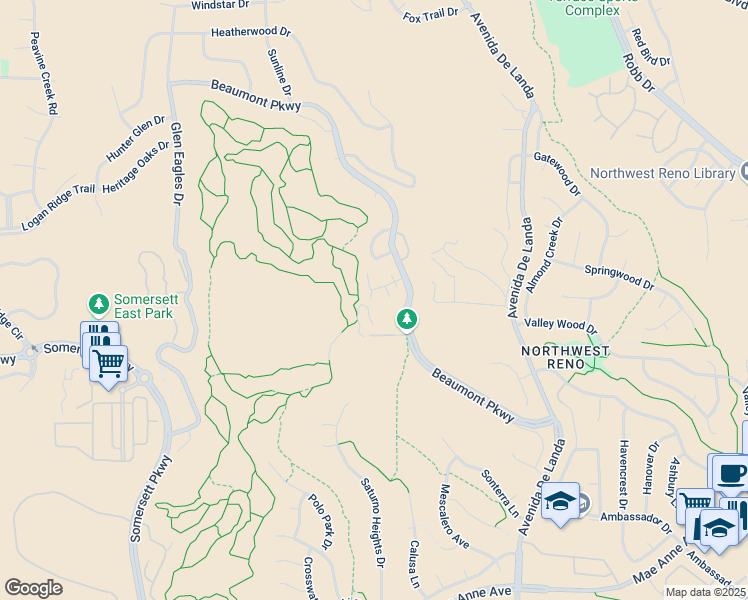 map of restaurants, bars, coffee shops, grocery stores, and more near 1985 Beaumont Parkway in Reno