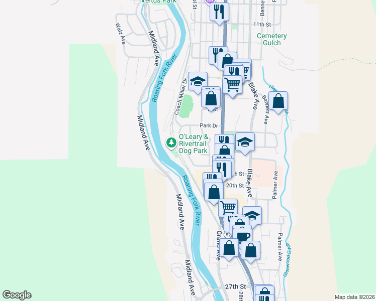 map of restaurants, bars, coffee shops, grocery stores, and more near 325 Park Drive in Glenwood Springs