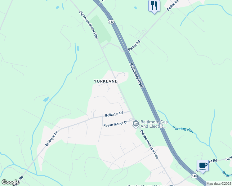 map of restaurants, bars, coffee shops, grocery stores, and more near 1827 Old Westminster Pike in Finksburg