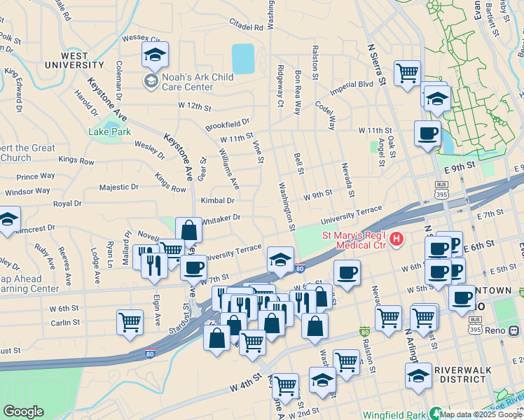map of restaurants, bars, coffee shops, grocery stores, and more near 835 Whitaker Drive in Reno