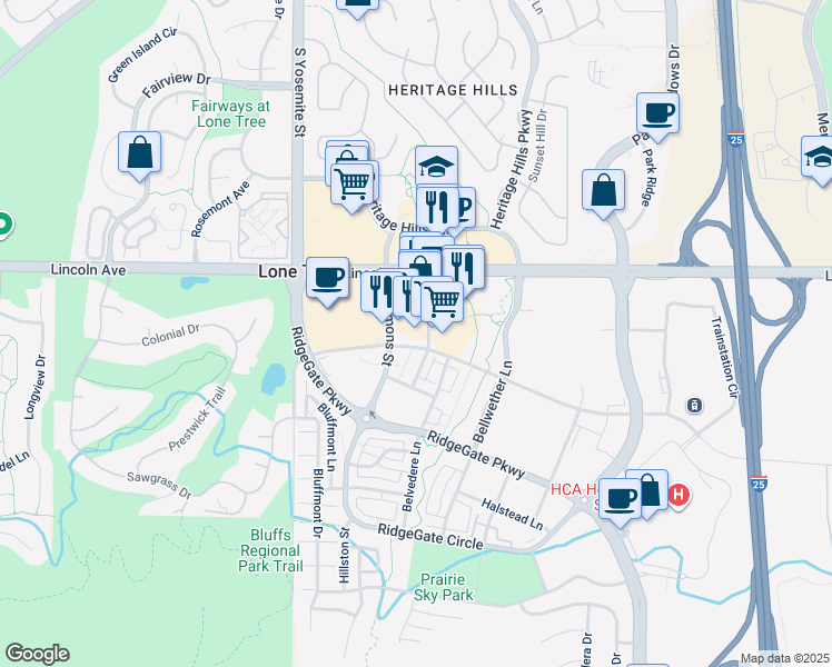 map of restaurants, bars, coffee shops, grocery stores, and more near 10012 Commons Street in Lone Tree