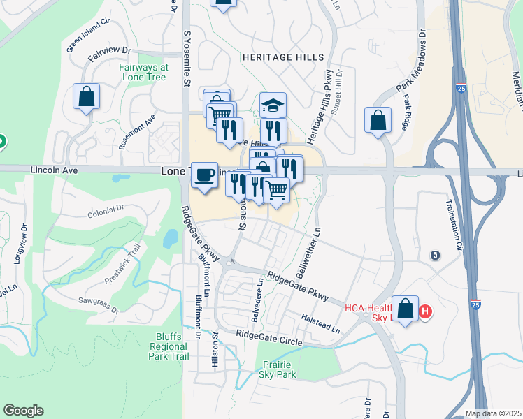map of restaurants, bars, coffee shops, grocery stores, and more near 10012 Commons Street in Lone Tree