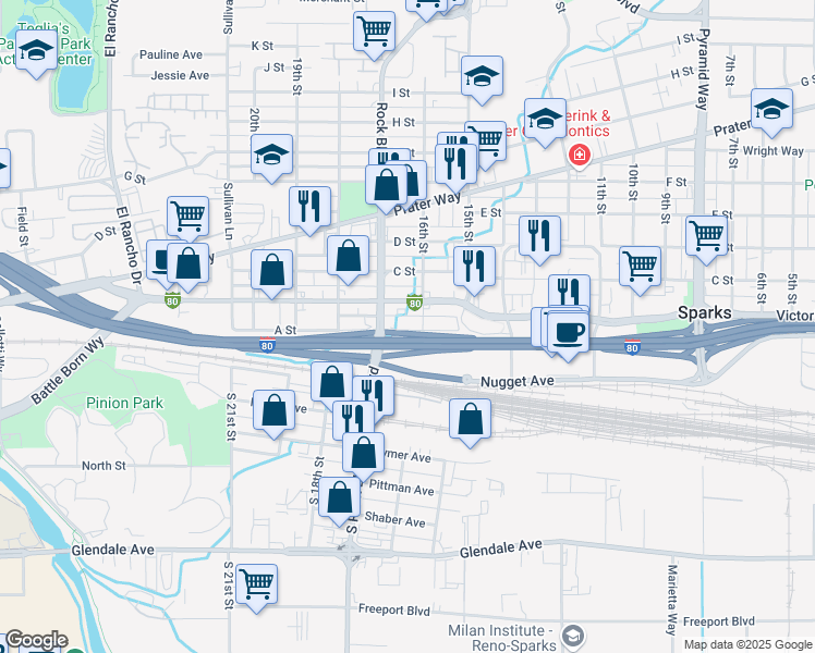 map of restaurants, bars, coffee shops, grocery stores, and more near 1620 A Street in Sparks