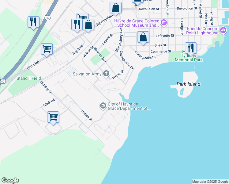 map of restaurants, bars, coffee shops, grocery stores, and more near 1123 Chesapeake Drive in Havre de Grace