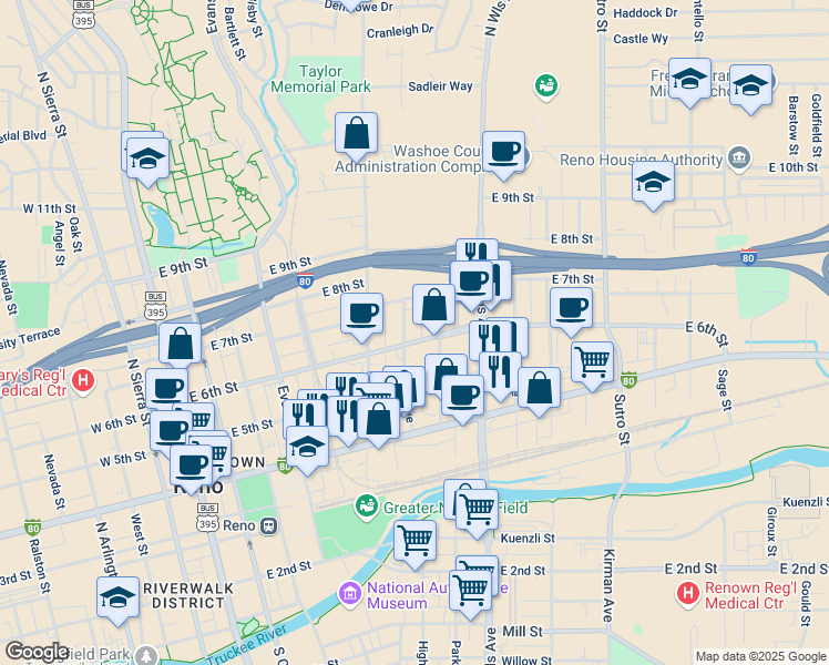 map of restaurants, bars, coffee shops, grocery stores, and more near 530 East 6th Street in Reno