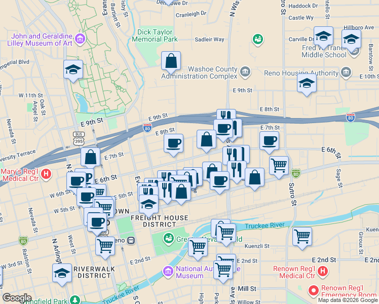 map of restaurants, bars, coffee shops, grocery stores, and more near 530 East 6th Street in Reno