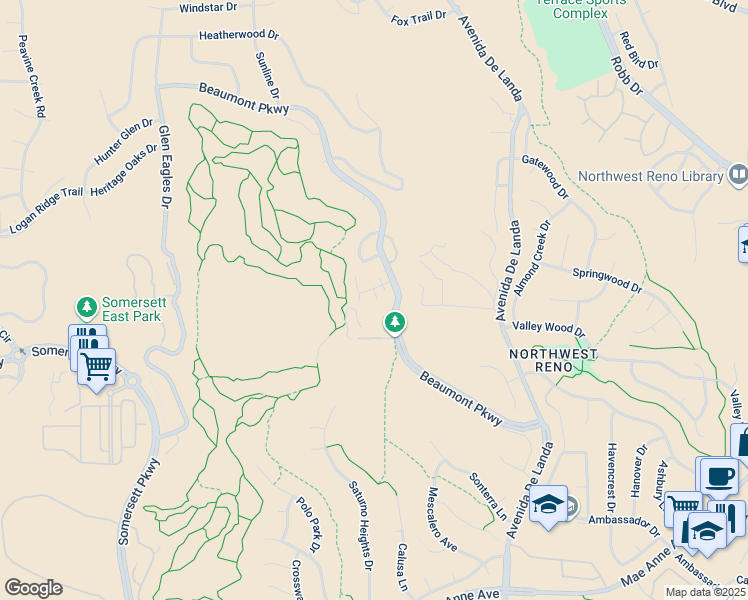 map of restaurants, bars, coffee shops, grocery stores, and more near 1985 Beaumont Parkway in Reno