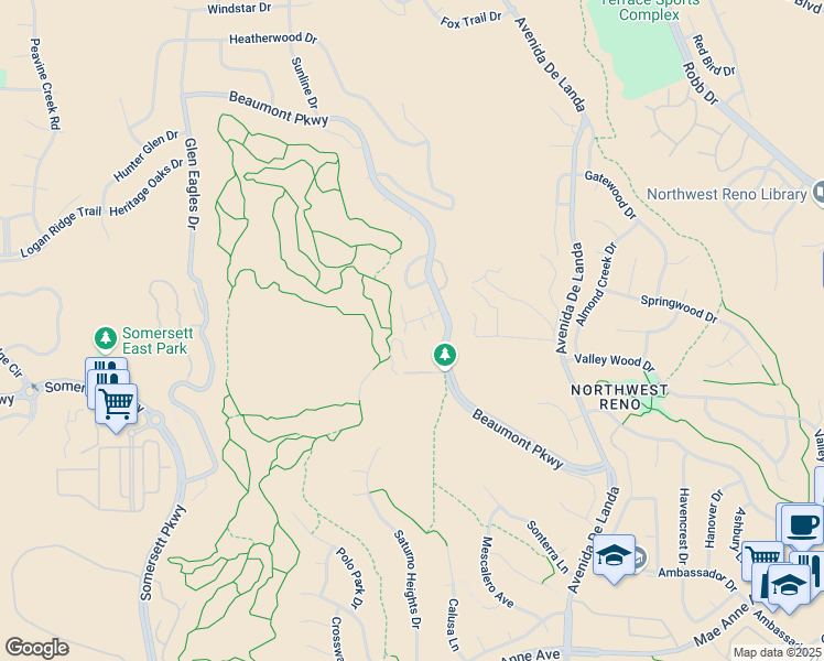 map of restaurants, bars, coffee shops, grocery stores, and more near 1985 Beaumont Parkway in Reno