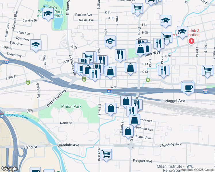 map of restaurants, bars, coffee shops, grocery stores, and more near 1958 A Street in Sparks