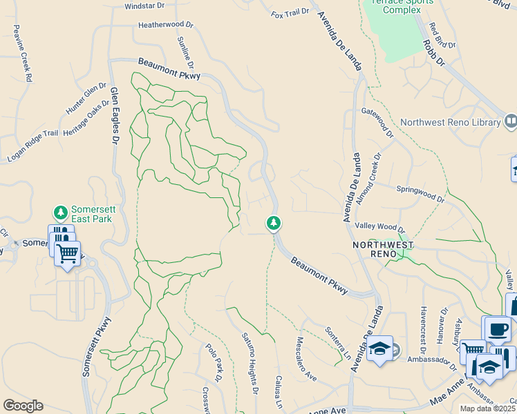 map of restaurants, bars, coffee shops, grocery stores, and more near 1985 Beaumont Parkway in Reno