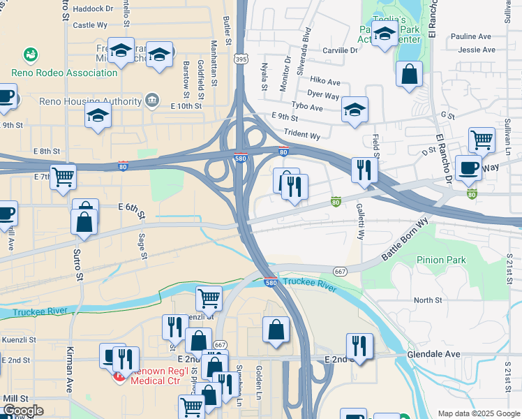 map of restaurants, bars, coffee shops, grocery stores, and more near 2000 East 4th Street in Reno