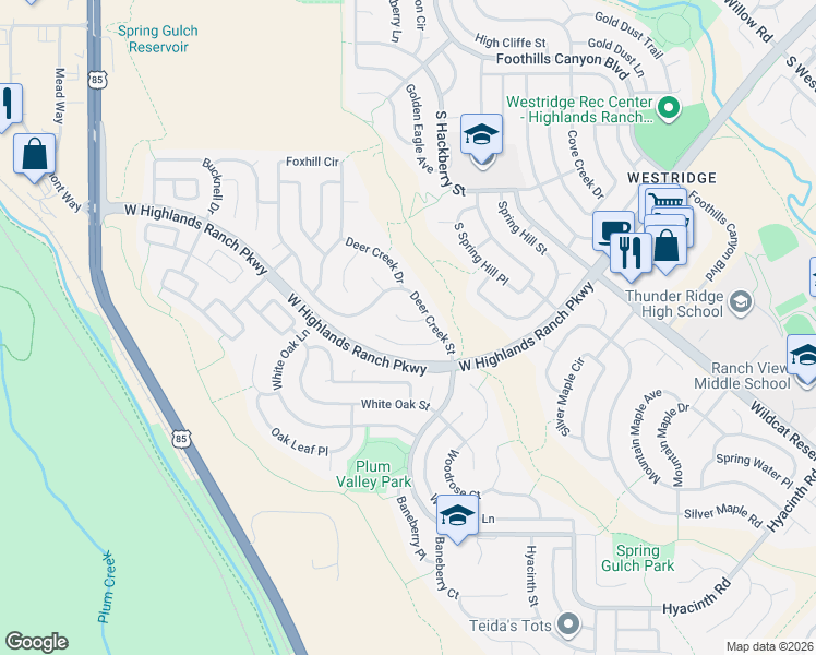 map of restaurants, bars, coffee shops, grocery stores, and more near 2896 Deer Creek Place in Littleton