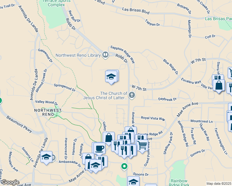 map of restaurants, bars, coffee shops, grocery stores, and more near 6055 Lancer Street in Reno