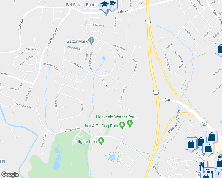 map of restaurants, bars, coffee shops, grocery stores, and more near 915 Jessicas Lane in Bel Air