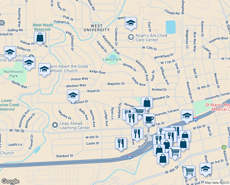 map of restaurants, bars, coffee shops, grocery stores, and more near 627 Sunnyside Drive in Reno