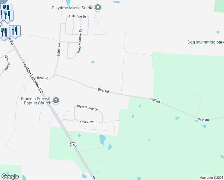 map of restaurants, bars, coffee shops, grocery stores, and more near 4175 Beal Road in Franklin