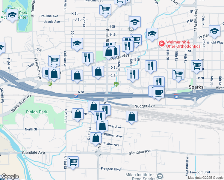 map of restaurants, bars, coffee shops, grocery stores, and more near 1620 A Street in Sparks