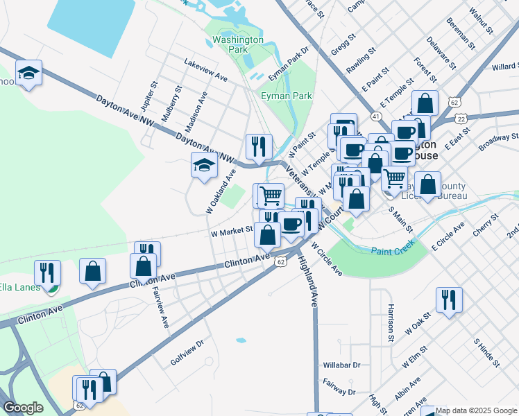 map of restaurants, bars, coffee shops, grocery stores, and more near 548 Clinton Avenue in Washington Court House