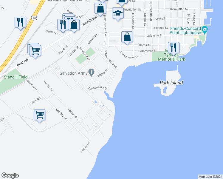 map of restaurants, bars, coffee shops, grocery stores, and more near 1032 Chesapeake Drive in Havre de Grace