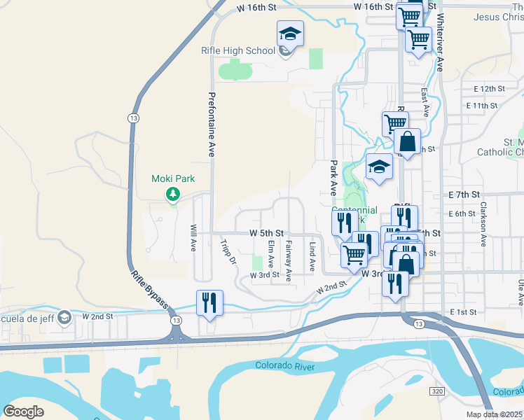 map of restaurants, bars, coffee shops, grocery stores, and more near 518 Arnold Avenue in Rifle