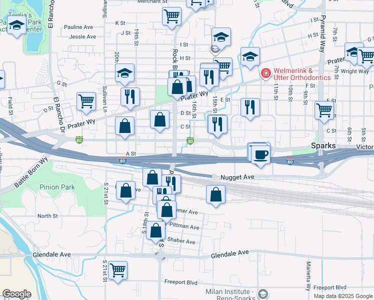 map of restaurants, bars, coffee shops, grocery stores, and more near 1620 A Street in Sparks