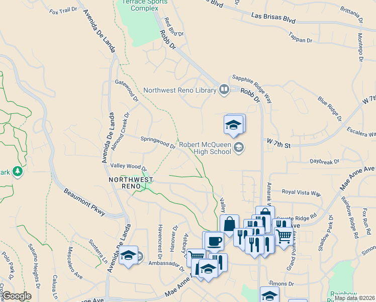map of restaurants, bars, coffee shops, grocery stores, and more near 6325 Springwood Drive in Reno