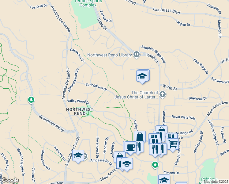 map of restaurants, bars, coffee shops, grocery stores, and more near 6365 Springwood Drive in Reno