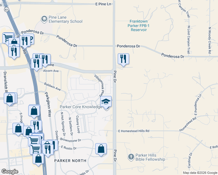 map of restaurants, bars, coffee shops, grocery stores, and more near 11818 Barrentine Loop in Parker