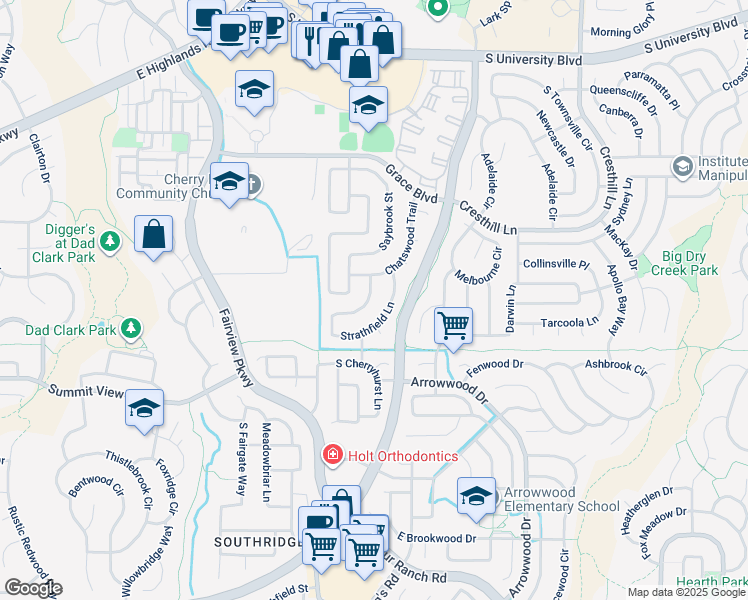 map of restaurants, bars, coffee shops, grocery stores, and more near 10024 Strathfield Lane in Littleton