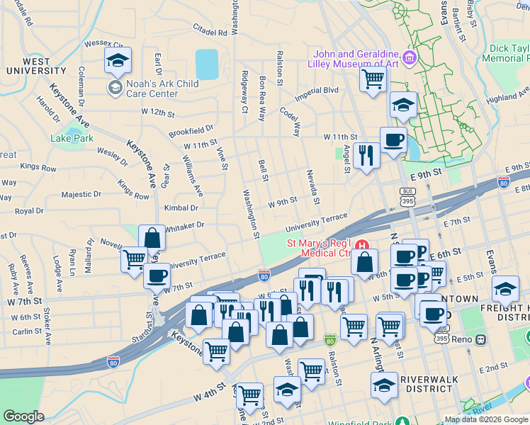 map of restaurants, bars, coffee shops, grocery stores, and more near 625 University Terrace in Reno