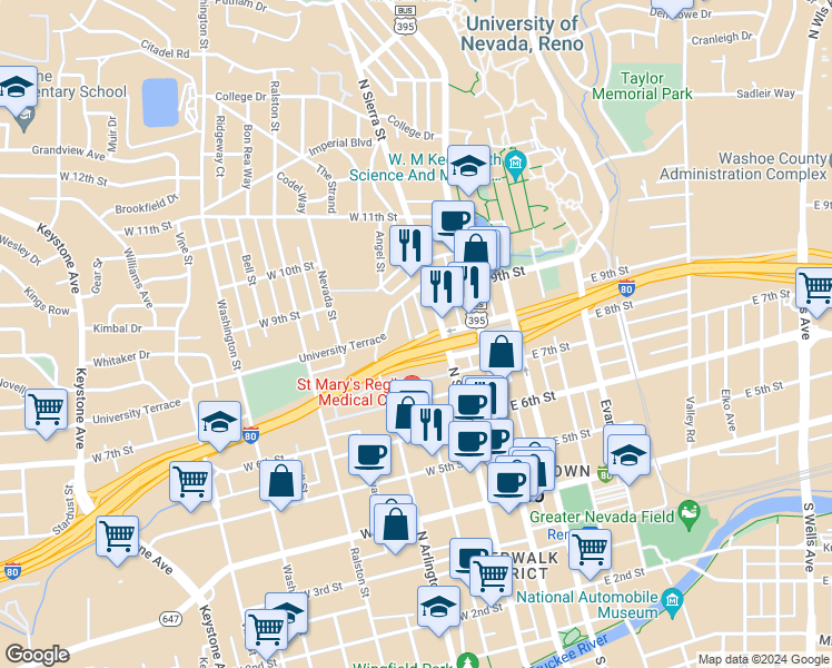 map of restaurants, bars, coffee shops, grocery stores, and more near 742 West Street in Reno