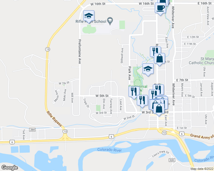 map of restaurants, bars, coffee shops, grocery stores, and more near 610 Elm Court in Rifle