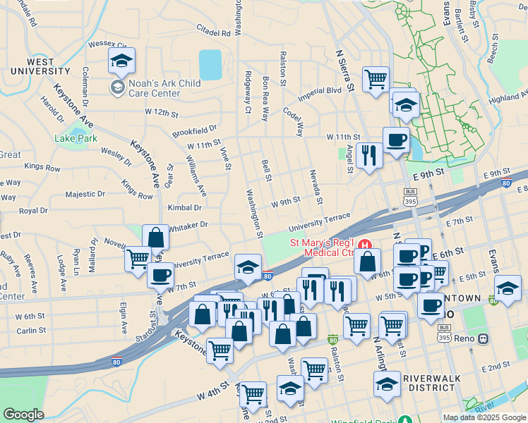 map of restaurants, bars, coffee shops, grocery stores, and more near 625 University Terrace in Reno