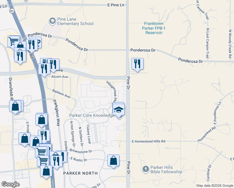 map of restaurants, bars, coffee shops, grocery stores, and more near 11818 Barrentine Loop in Parker