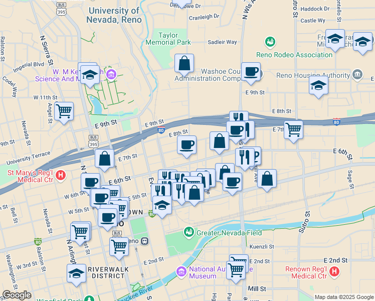 map of restaurants, bars, coffee shops, grocery stores, and more near 493 East 6th Street in Reno