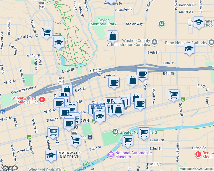 map of restaurants, bars, coffee shops, grocery stores, and more near 650 Record Street in Reno