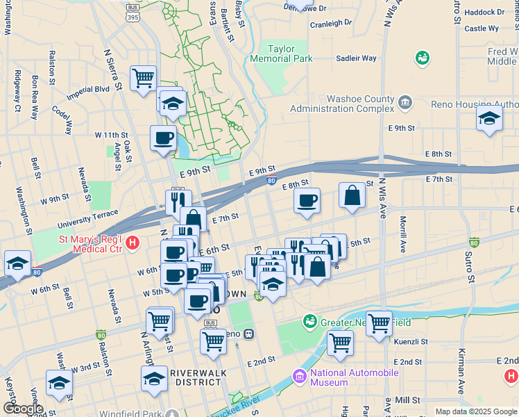 map of restaurants, bars, coffee shops, grocery stores, and more near 310 East 7th Street in Reno