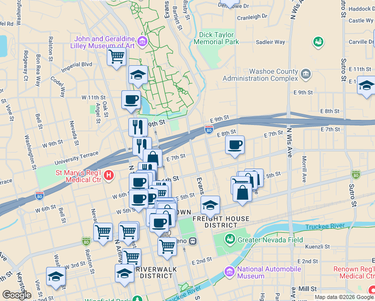 map of restaurants, bars, coffee shops, grocery stores, and more near 652 Lake Street in Reno